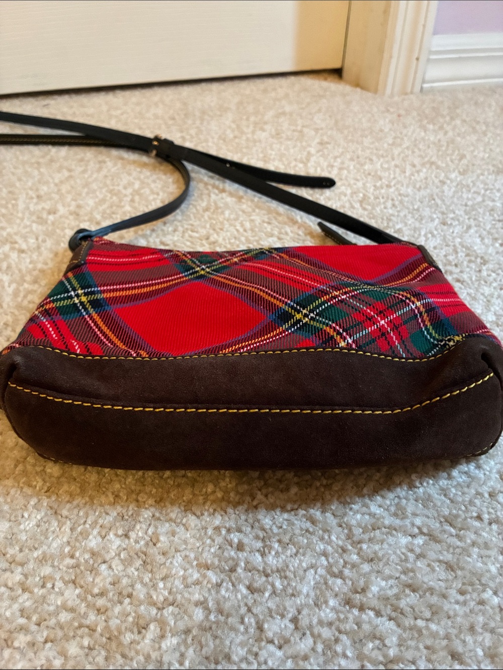 Dooney & Bourke Red Plaid Tartan Crossbody Bag Black Trim brown suede - Picture 5 of 11